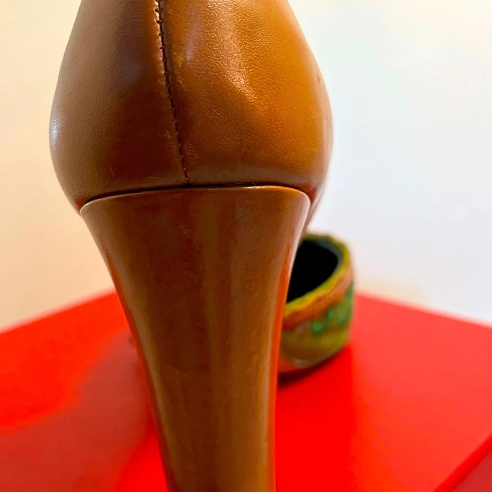 Lime Green Satin Brown Leather Hi Heels 5” Lilac Floral Embroidery Sq.Toe 7 1/2 - Picture 10 of 14